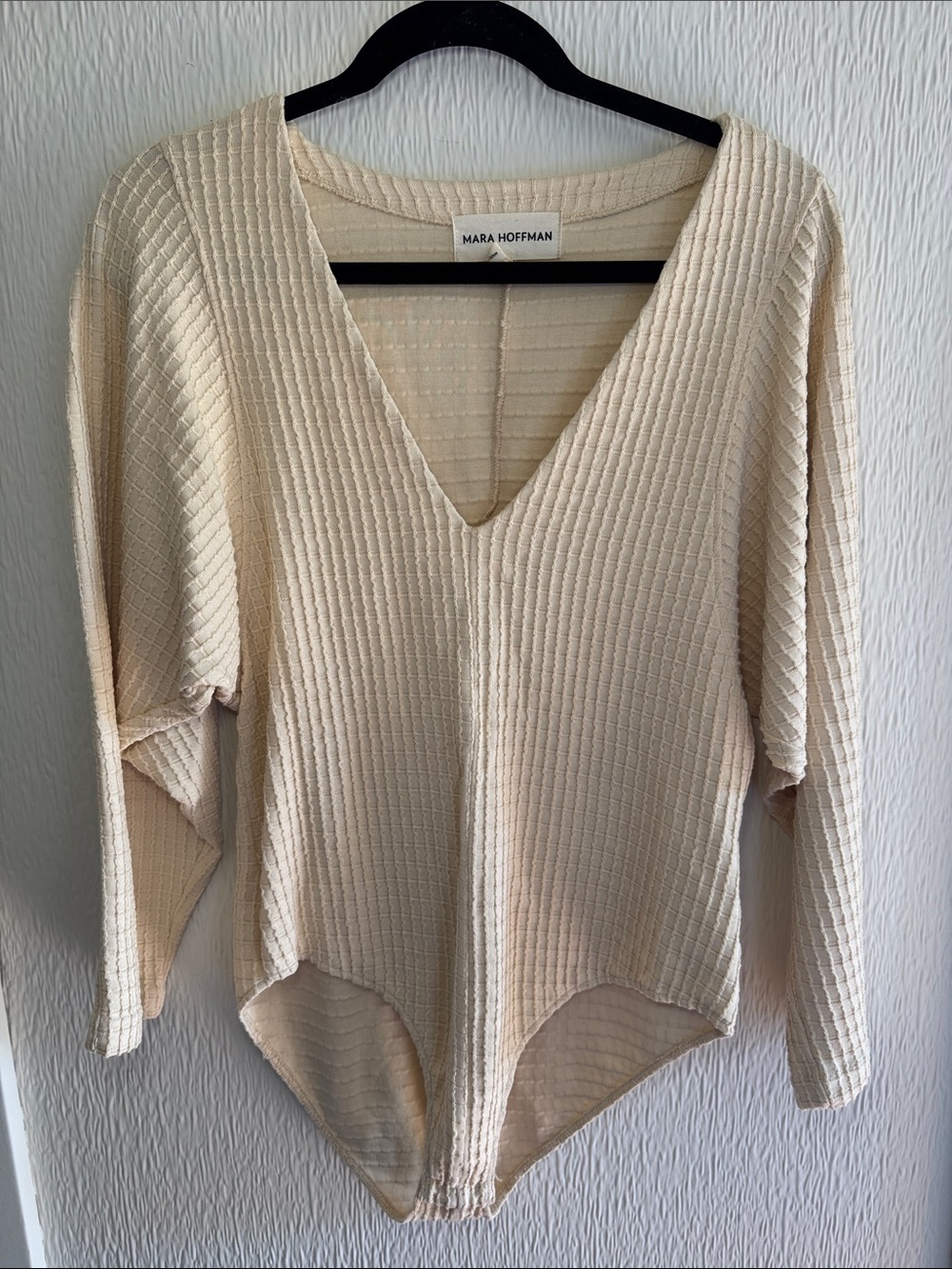 Mara Hoffman Cream Textured V-Neck Ribbed Bodysuit